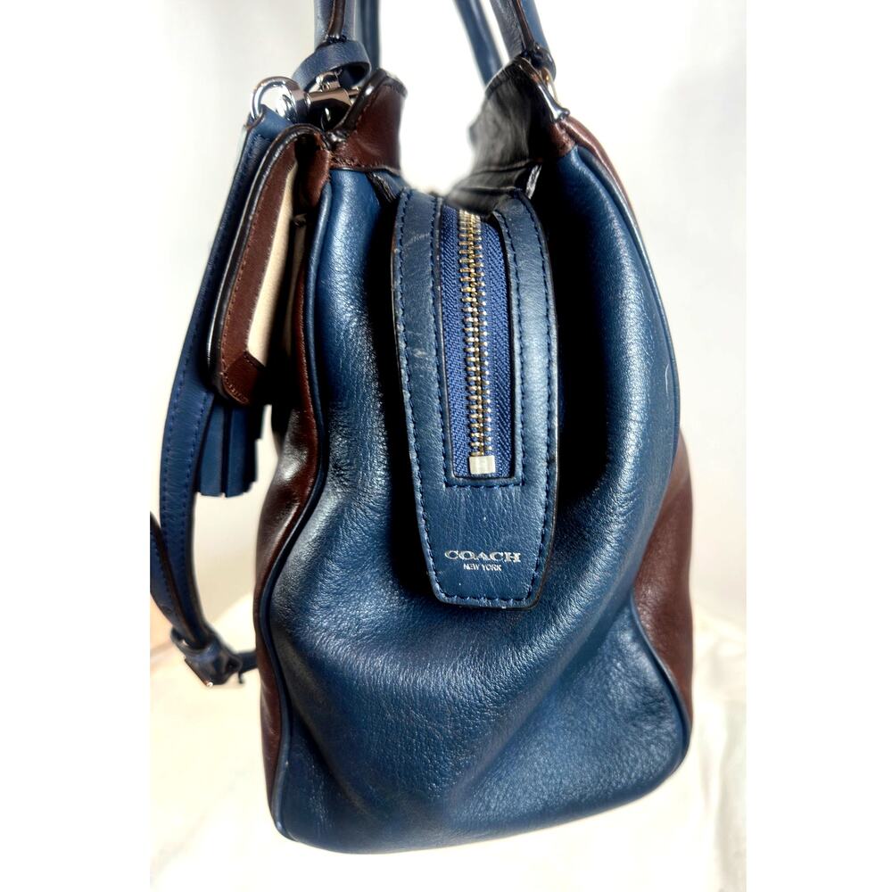 Coach Navy Blue & Brown Leather Two-Way Satchel | Silver Hardware | Dust Bag - Picture 3 of 16